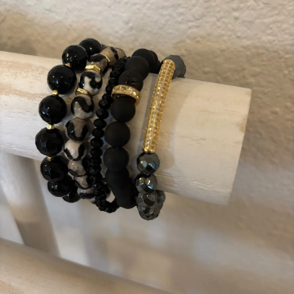 Handmade Black Gemstone Bracelet Stack Set of 5 NWT Onyx Agate